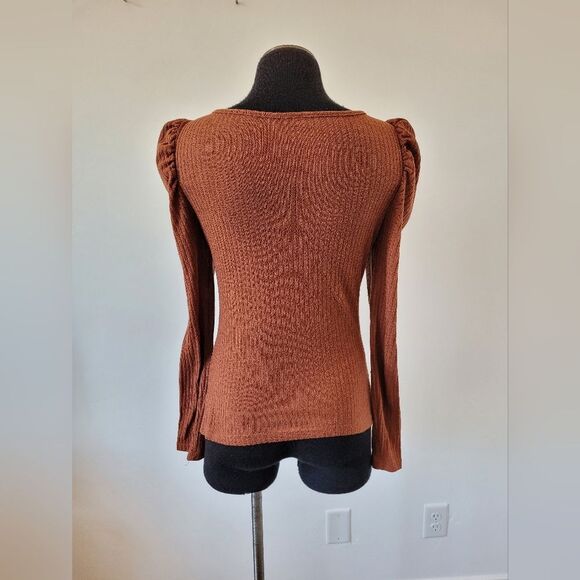Burnt Orange Copper Puffed Long Sleeve Knit Top Ribbed Square Neck Twee Small - Picture 4 of 8